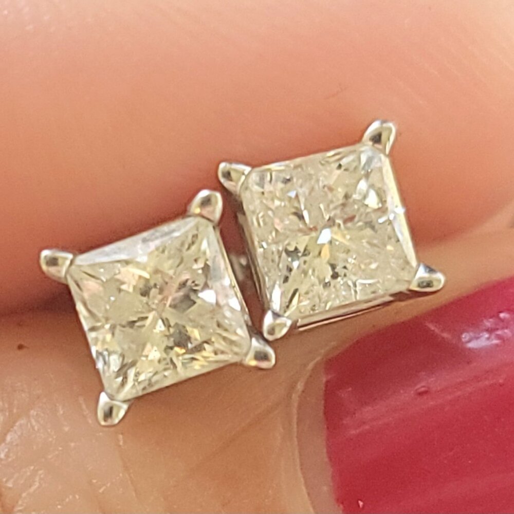 SOLD! - 1CT Princess Cut Real Diamond Studs - 14K White Gold - Screw Backs